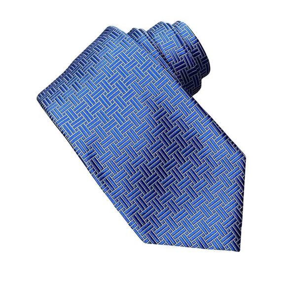 Lauren Ralph Lauren Necktie Silk Blue White Geometric Print Hand Finished - Picture 1 of 10